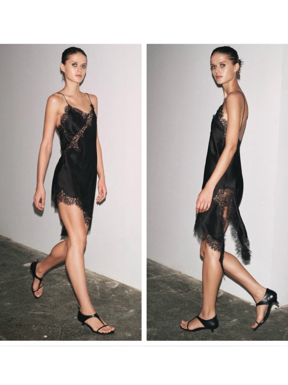 ZARA Black Satin Asymmetrical Lace Dress NWT Size XS Slip Dress